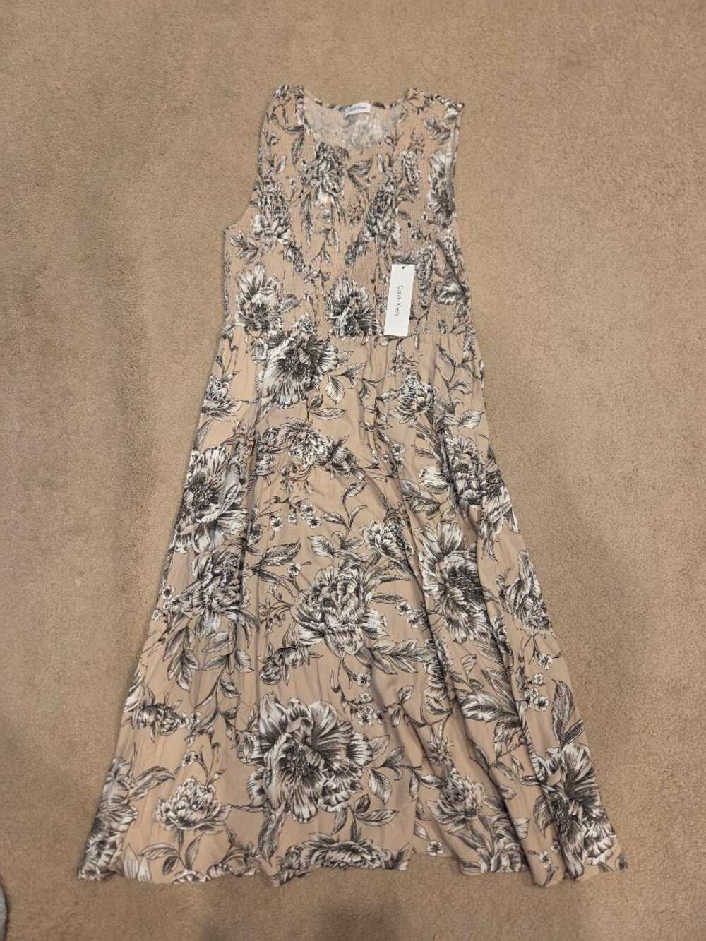 Calvin Klein NWT Floral Print Beige Smocked Dress 12